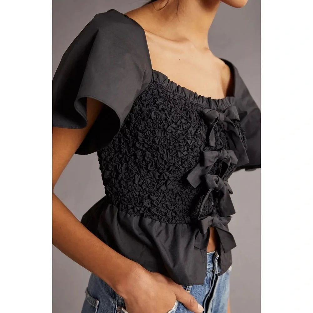 NWT Anthropologie x Mare Mare Bow-Front Tied Bows Blqck Smocked Peplum Blouse S‌